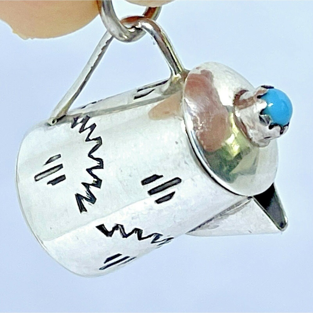 Mini Turquoise Coffee Pot Navajo Pendant Signed WKW Native Sterling Handmade USA